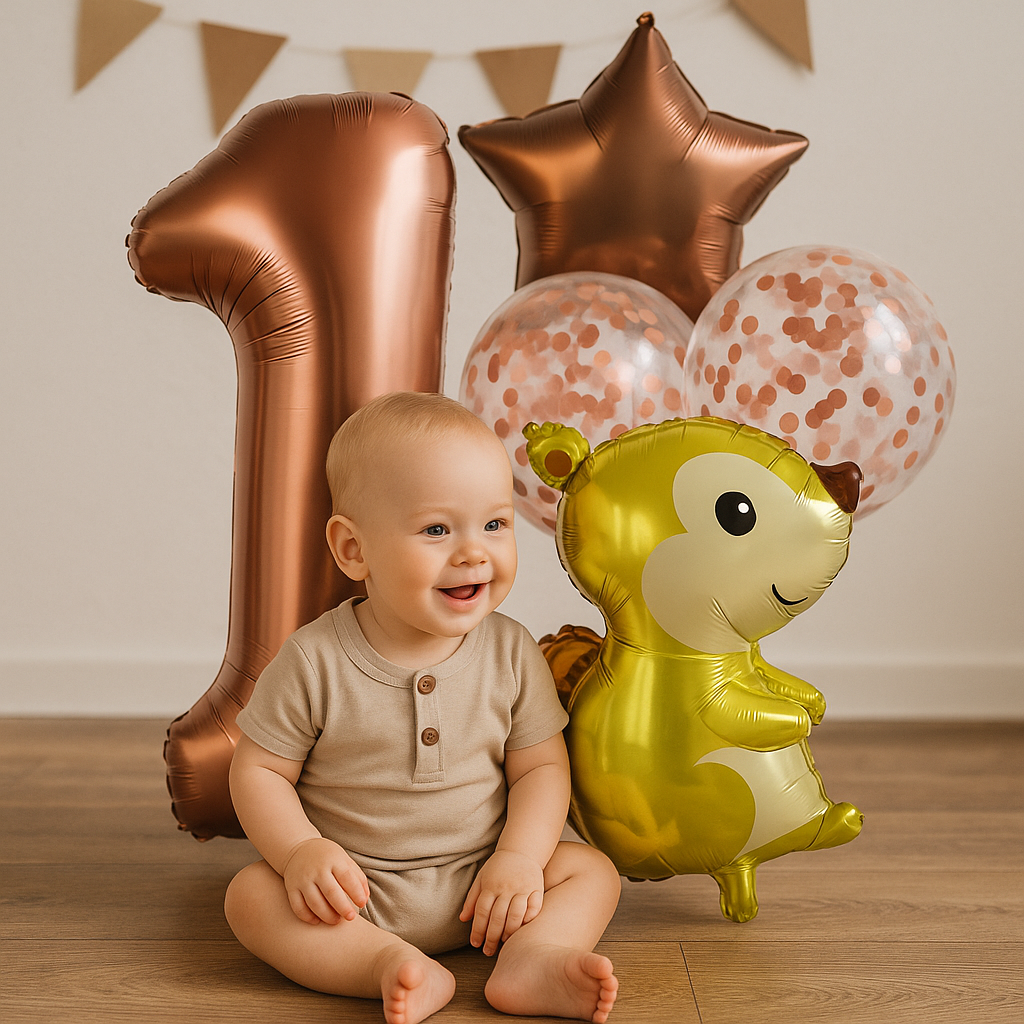 1st Birthday Balloon Set – Squirrel Foil, Confetti, Star & Bronze Number