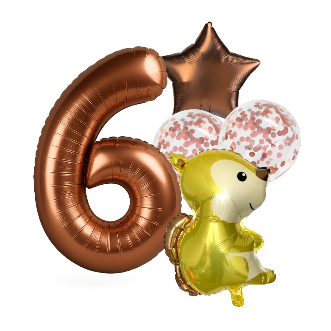 1st Birthday Balloon Set – Squirrel Foil, Confetti, Star & Bronze Number