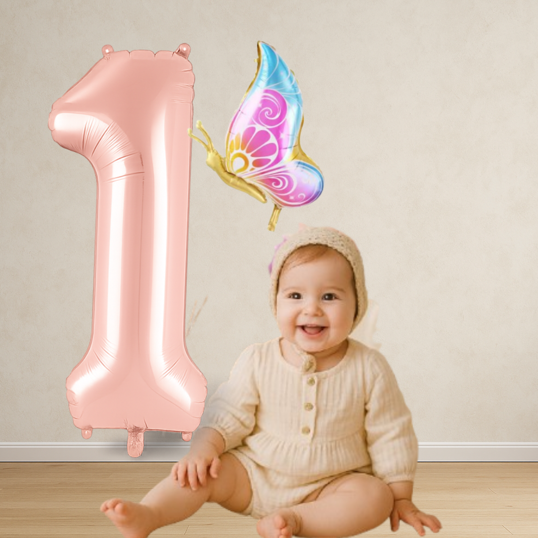 Birthday Balloon – Pink Foil Numbers with Colourful Butterfly – Girl