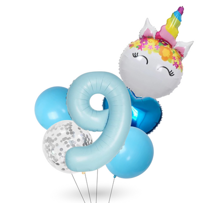 Unicorn Number Balloon Set 0–9 Blue – 40" Foil Birthday Balloons for Girls Party