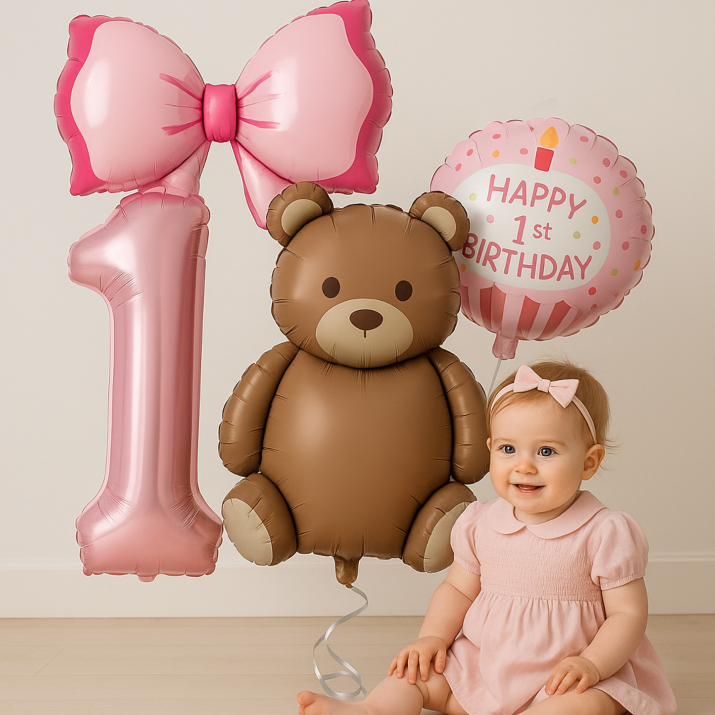 1st Birthday Balloon Set Number 1 with Bear Hearts & Stars Baby Party Decoration