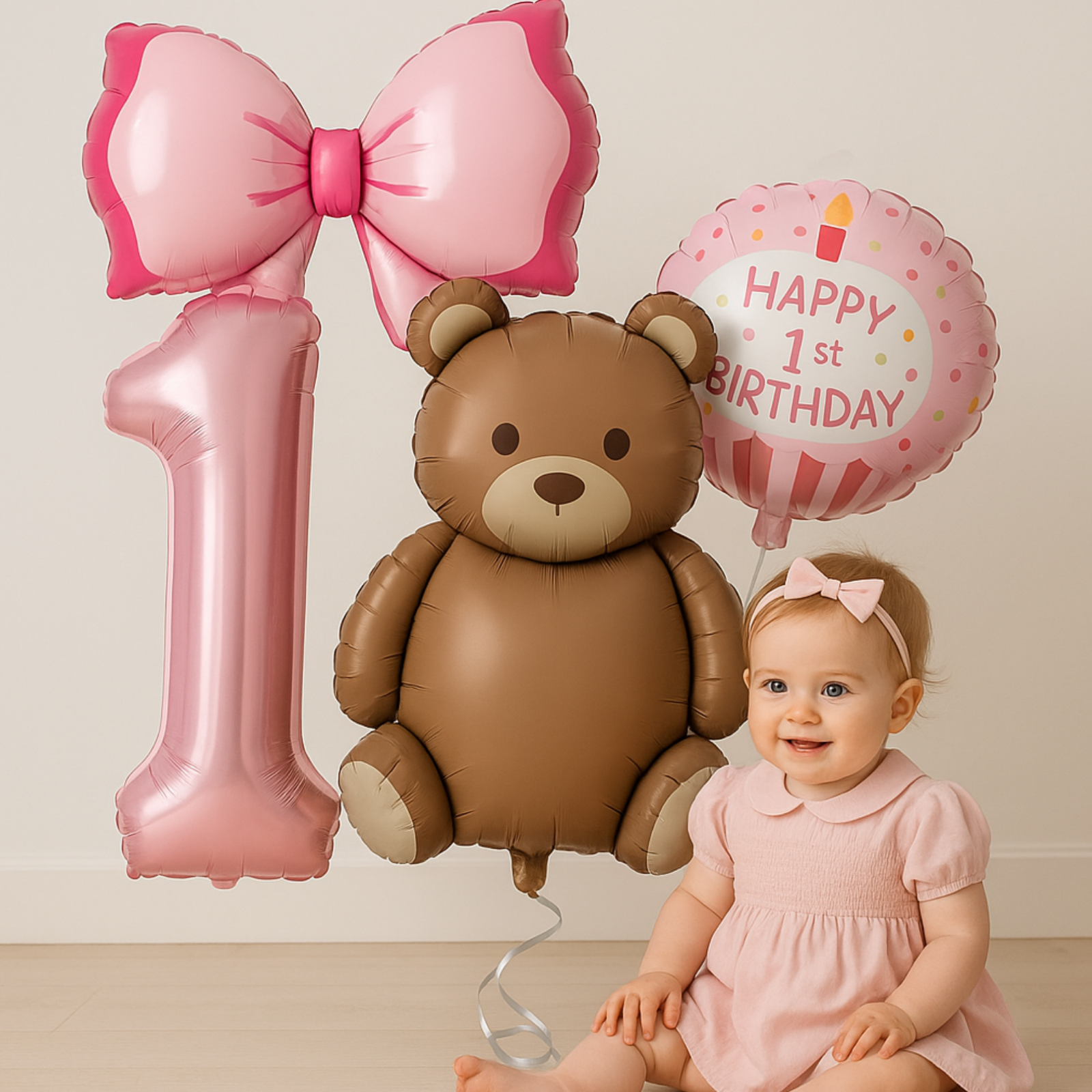 1st Birthday Balloon Set Number 1 with Bear Hearts & Stars Baby Party Decoration