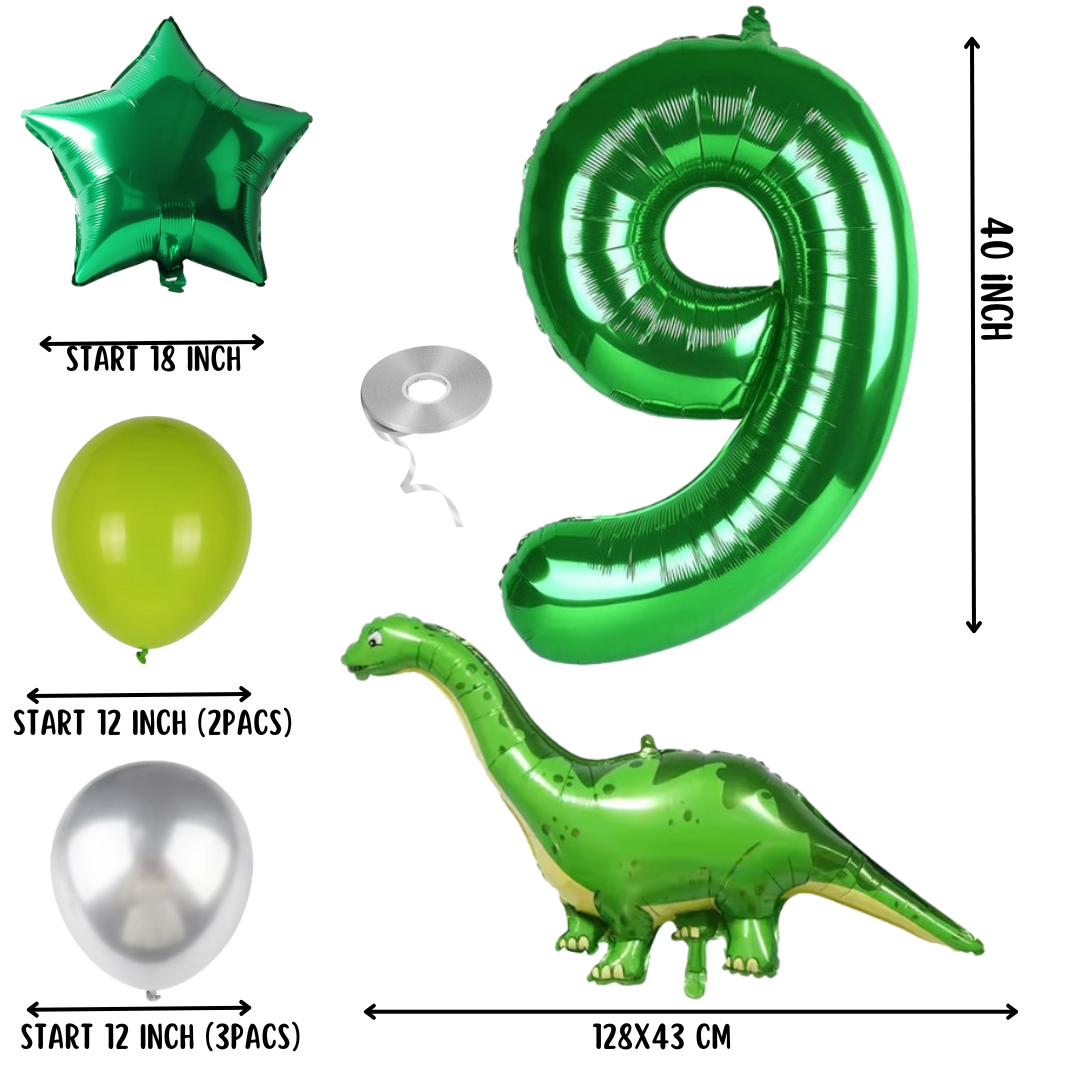 Dinosaur Birthday Balloons for Boys Number 1-9 Foil Balloon Set with Green Dino