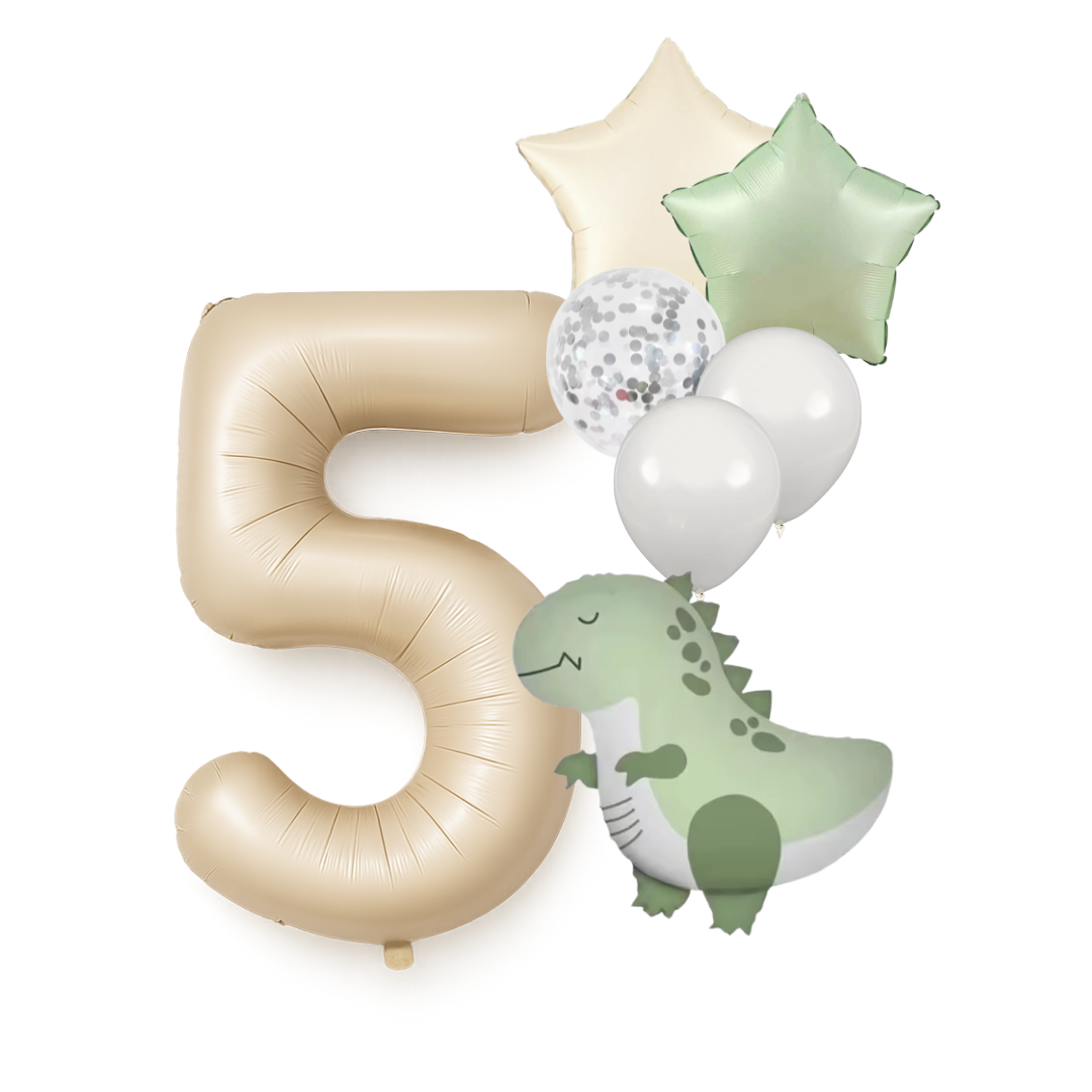Dinosaur Birthday Balloons Set  40" Beige Number + Green Dinosaur Foil + Pastel