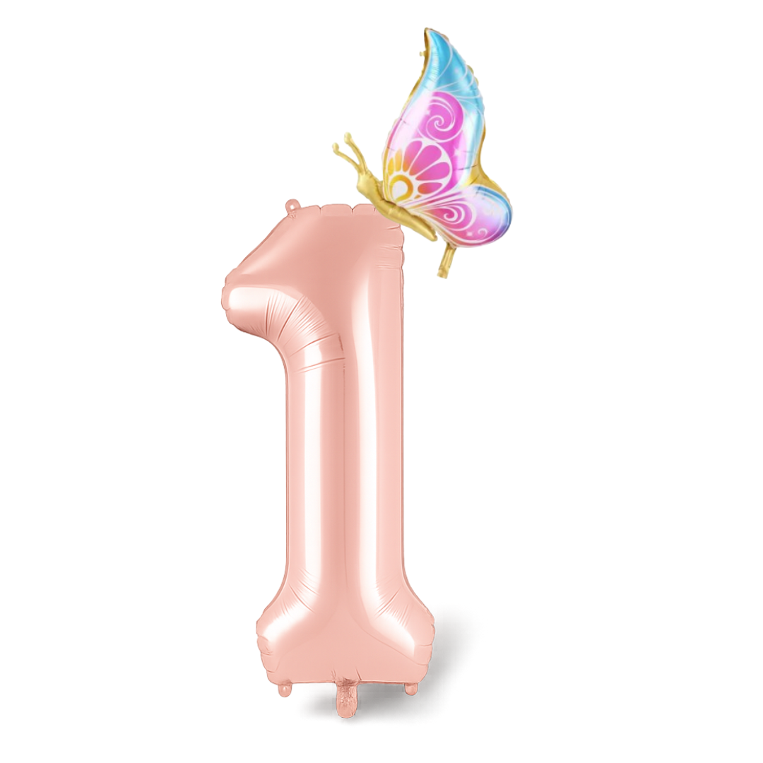 Birthday Balloon – Pink Foil Numbers with Colourful Butterfly – Girl