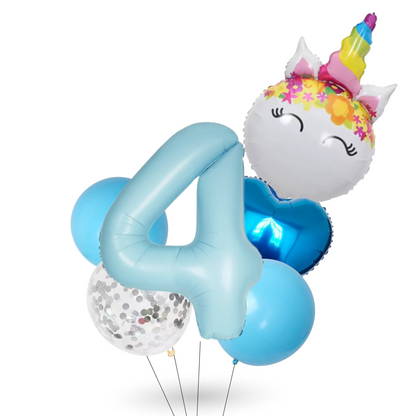 Unicorn Number Balloon Set 0–9 Blue – 40" Foil Birthday Balloons for Girls Party