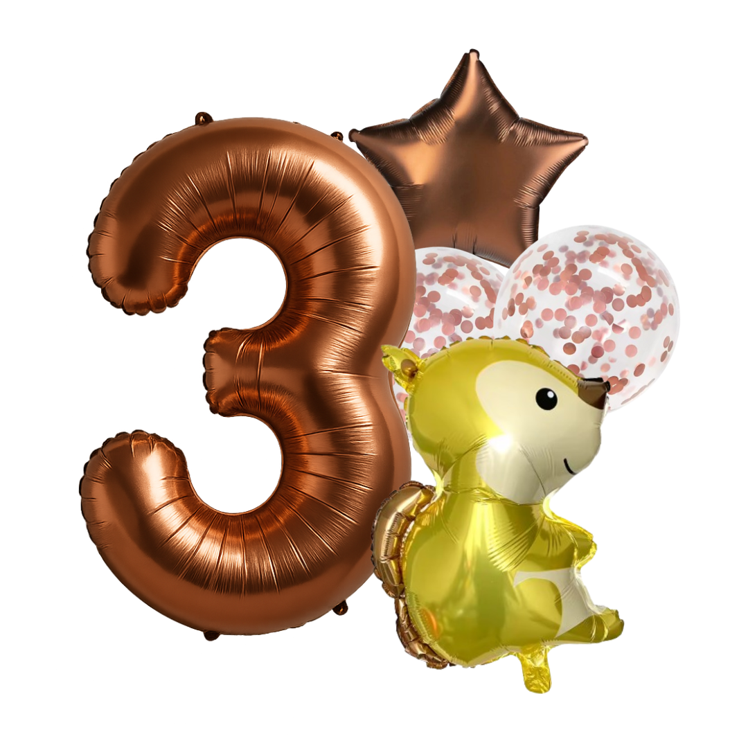 1st Birthday Balloon Set – Squirrel Foil, Confetti, Star & Bronze Number