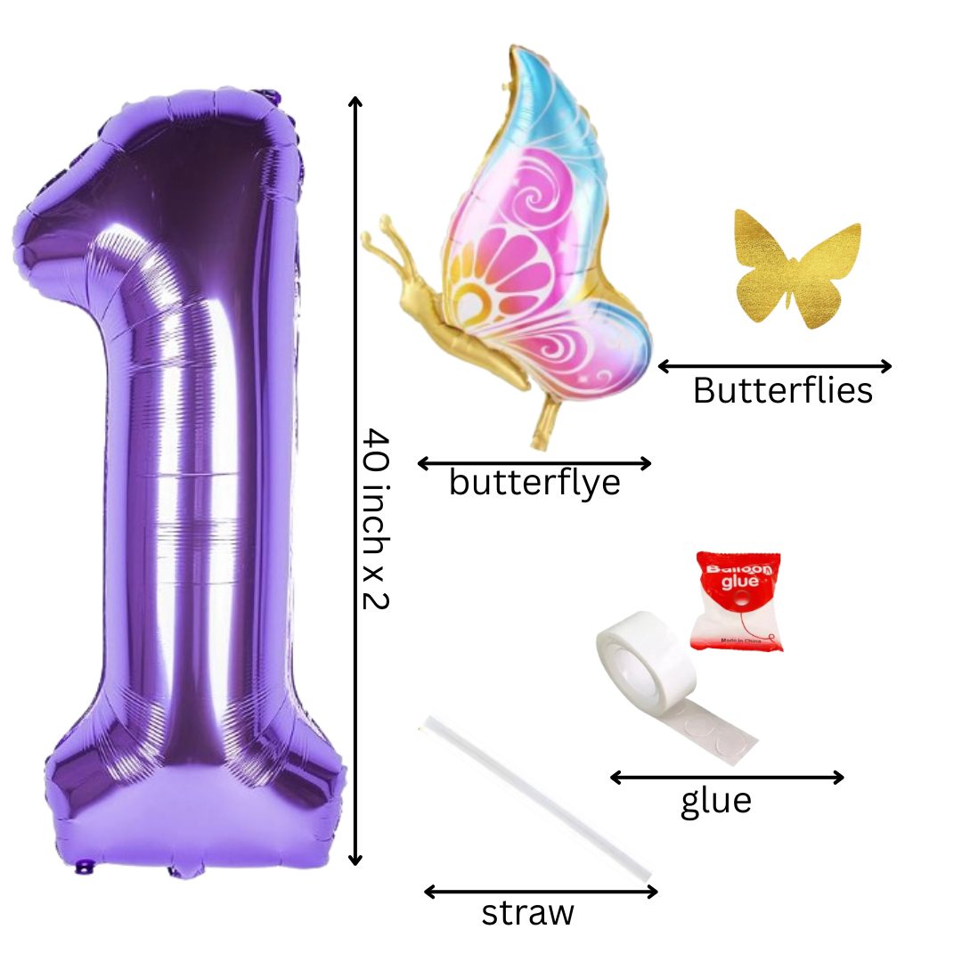 Purple Foil Number Balloons 10 to 1 – Giant 40” Balloons with Golden Butterflies