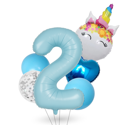 Unicorn Number Balloon Set 0–9 Blue – 40" Foil Birthday Balloons for Girls Party