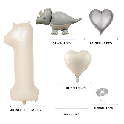 1-9 Birthday Dinosaur Balloon Set – Beige Numbers + Heart & Dino Foil Balloons