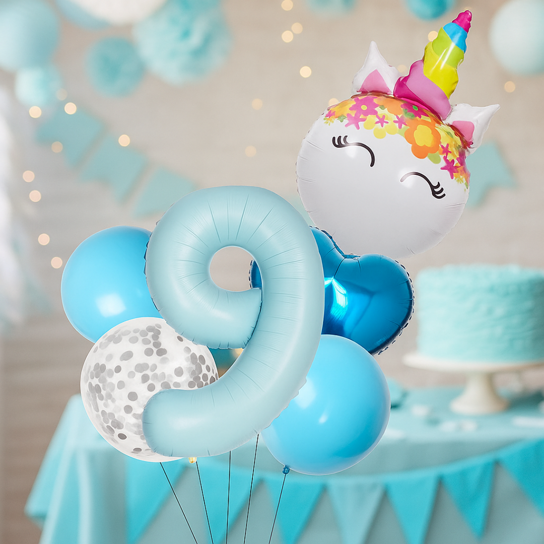 Unicorn Number Balloon Set 0–9 Blue – 40" Foil Birthday Balloons for Girls Party