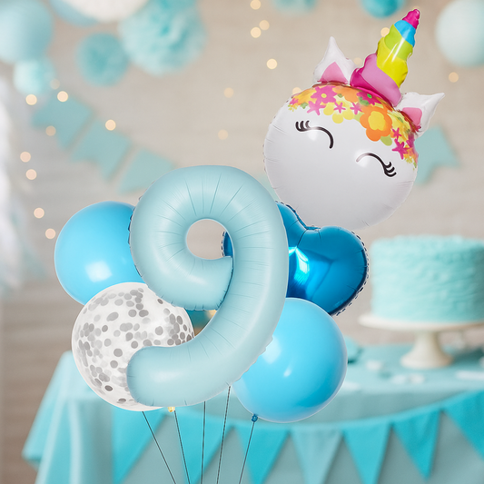 Unicorn Number Balloon Set 0–9 Blue – 40" Foil Birthday Balloons for Girls Party