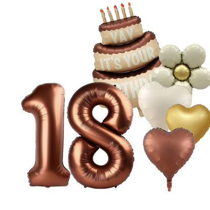 40'' Matte Brown Balloons Set  Numbers 18 21 15 30 / Cake Hearts Flower Shapes