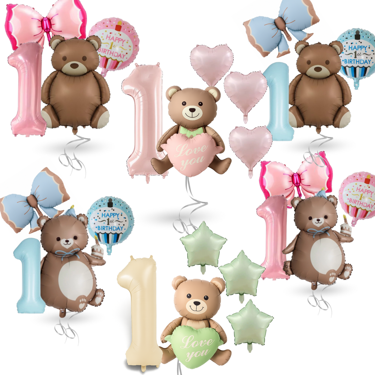 1st Birthday Balloon Set Number 1 with Bear Hearts & Stars Baby Party Decoration