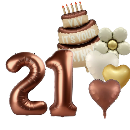 40'' Matte Brown Balloons Set  Numbers 18 21 15 30 / Cake Hearts Flower Shapes