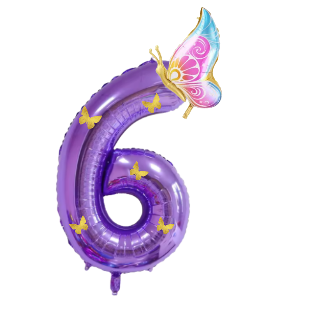 Purple Foil Number Balloons 10 to 1 – Giant 40” Balloons with Golden Butterflies