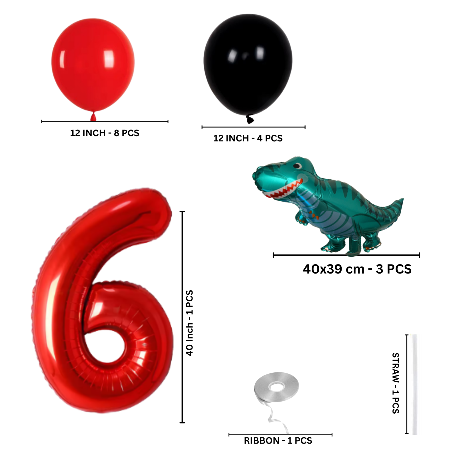 Dinosaur Balloon Display Age 6 Birthday Party Decoration Red & Black Theme