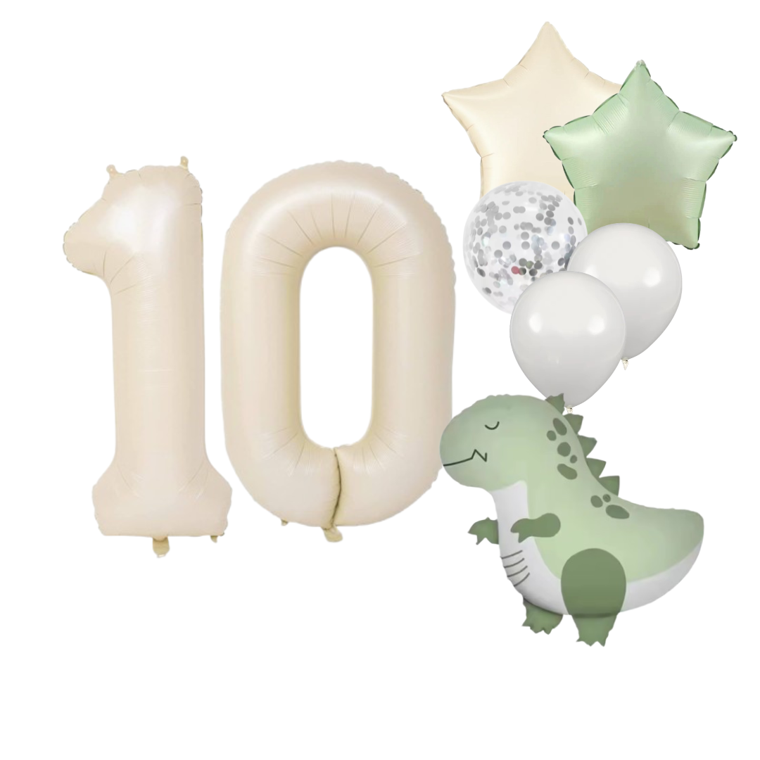 Dinosaur Birthday Balloons Set  40" Beige Number + Green Dinosaur Foil + Pastel