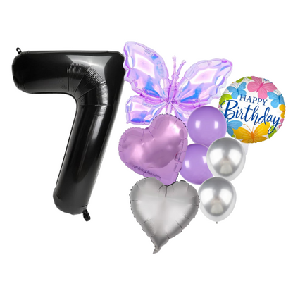 1-9 Girl Birthday Balloon Set Butterfly Heart Purple Silver Foil Balloons Party