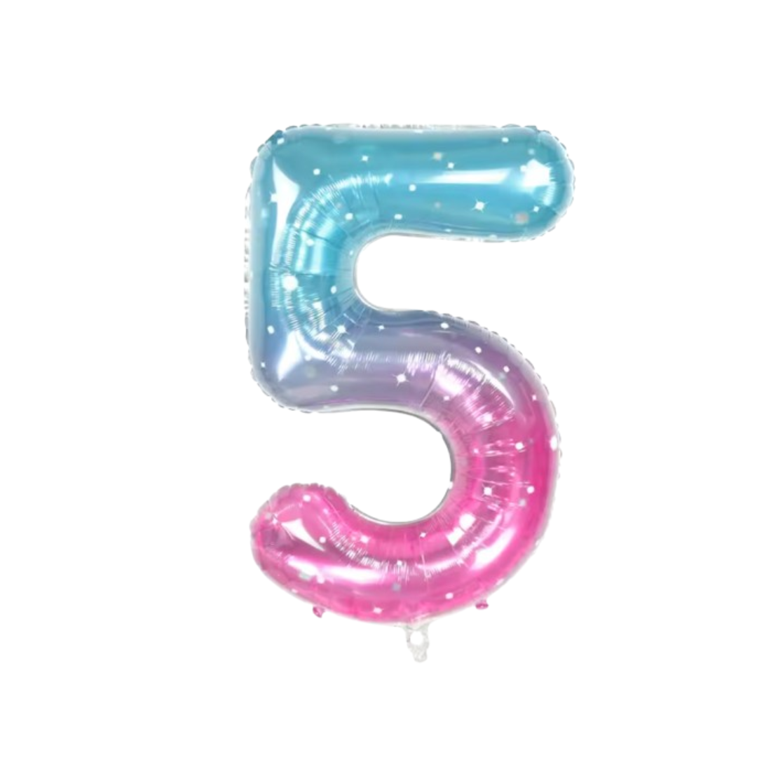 40" Number 5 Foil Balloon – Blue Pink Ombre with Stars – Giant Birthday Decoration