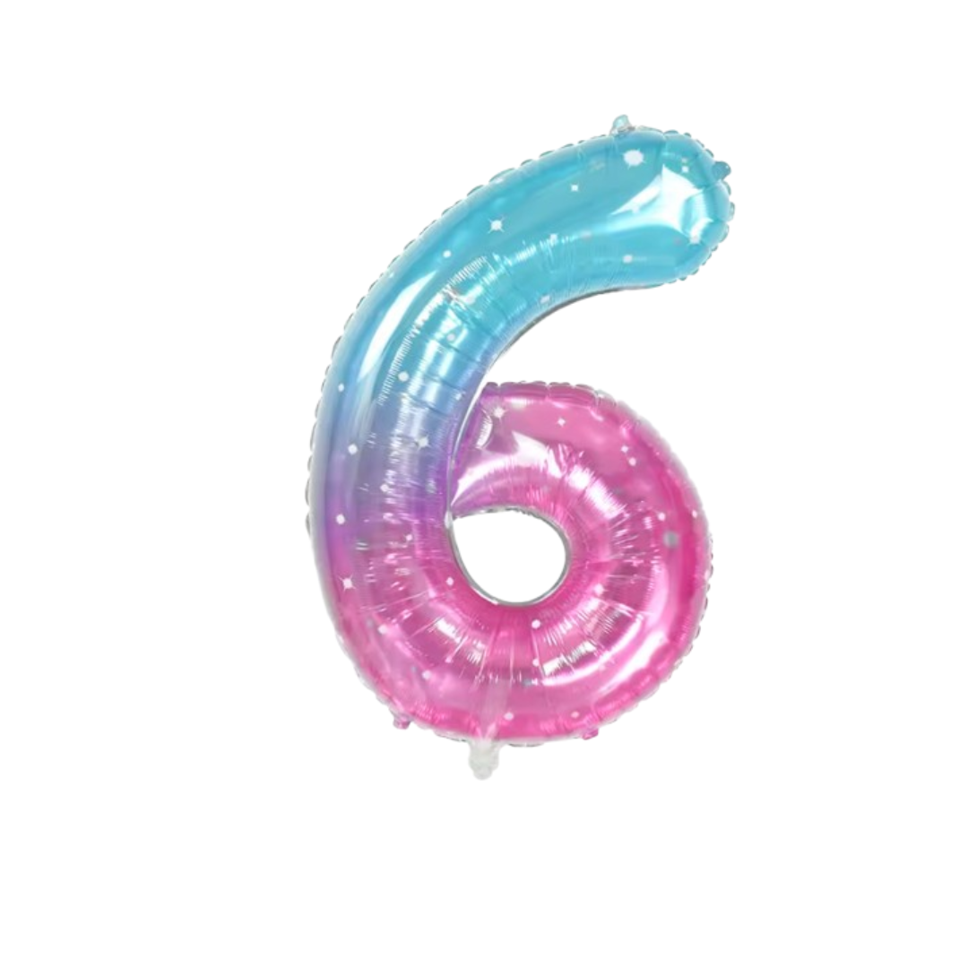 40" Number 6 Foil Balloon – Blue Pink Ombre with Stars – Giant Birthday Decoration