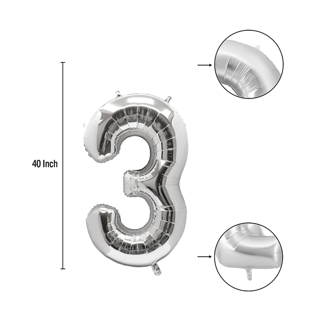 40" Silver Number 3 Balloon – Large Foil Helium Balloon for 3rd Birthday & Party Celebrations