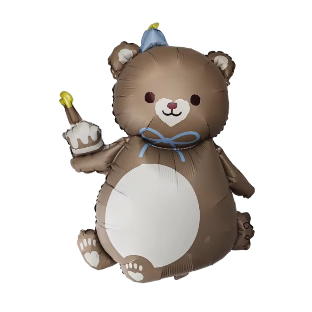 Teddy Bear Foil Balloon Brown | Birthday Party Decoration | Cute 3D Bear with Cake and Hat