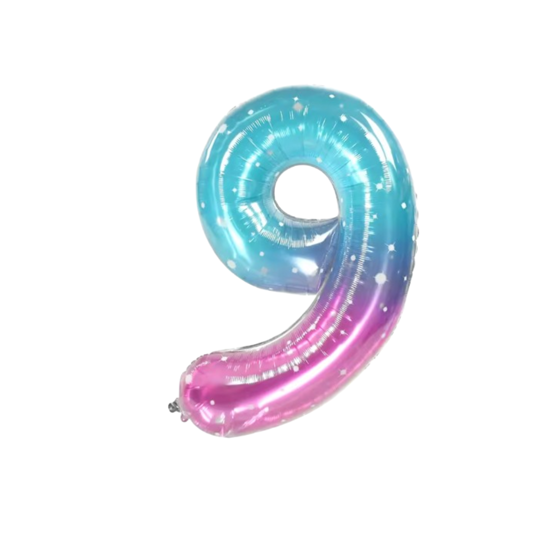 40" Number 9 Foil Balloon – Blue Pink Ombre with Stars – Giant Birthday Decoration