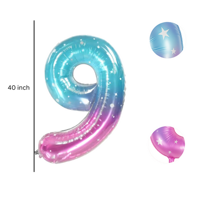 40" Number 9 Foil Balloon – Blue Pink Ombre with Stars – Giant Birthday Decoration