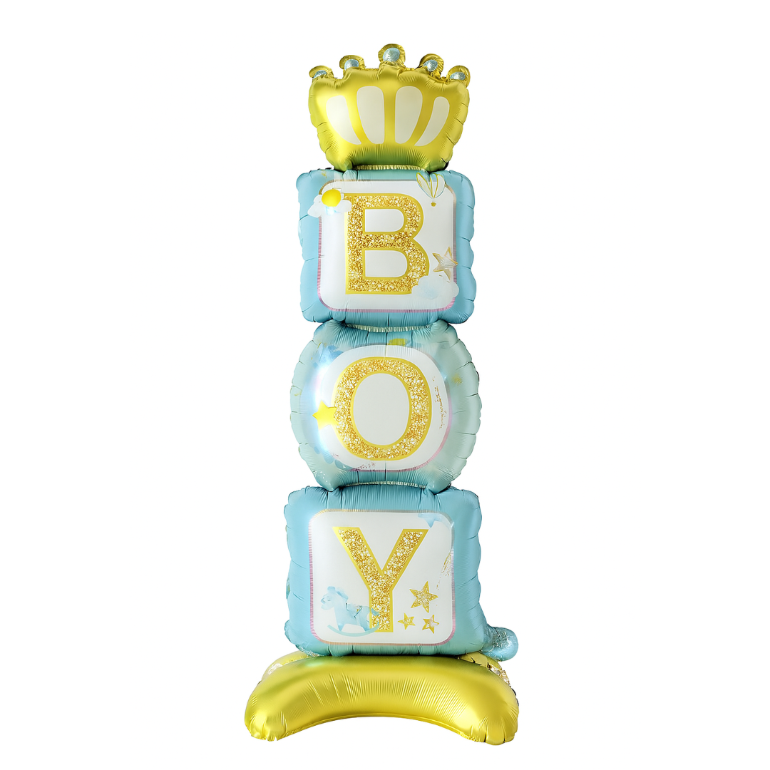 BOY baby shower balloon tower, 108cm foil blocks with gold crown – blue newborn/gender reveal party decoration.