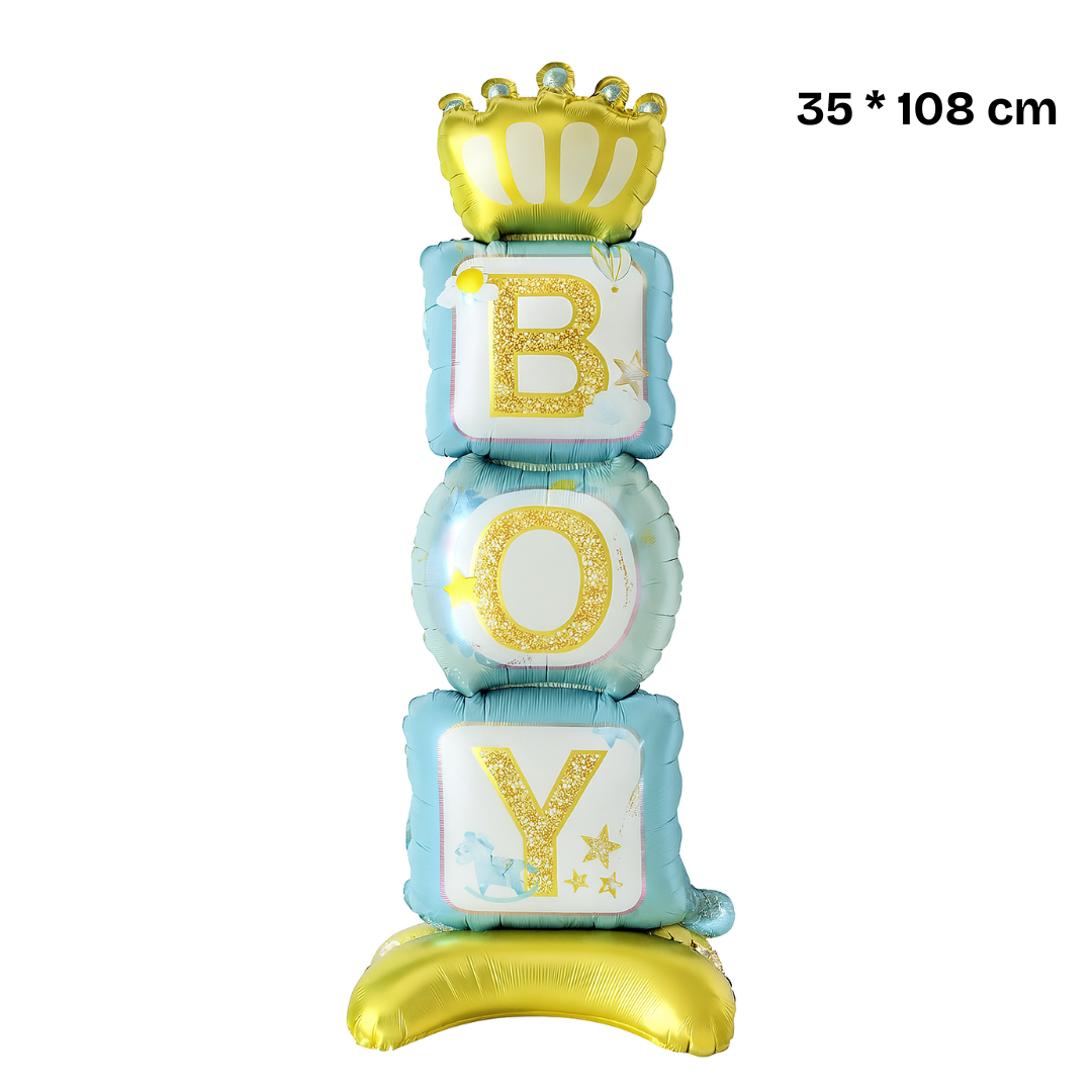 108cm baby shower balloon tower with gold crown – BOY or GIRL foil blocks, newborn welcome and gender reveal décor.