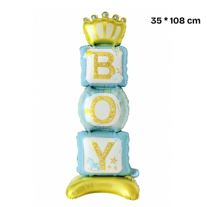 108cm baby shower balloon tower with gold crown – BOY or GIRL foil blocks, newborn welcome and gender reveal décor.