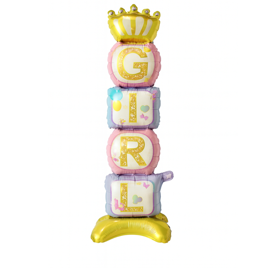 GIRL baby shower balloon tower, 108cm foil blocks with gold crown – pink newborn/gender reveal party decoration.