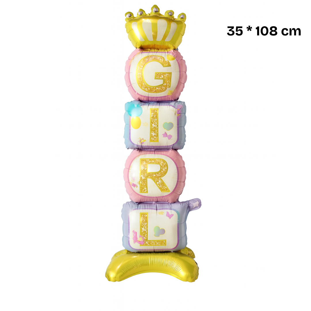 108cm baby shower balloon tower with gold crown – BOY or GIRL foil blocks, newborn welcome and gender reveal decoration 
