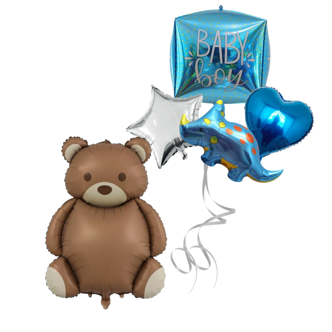 Baby boy celebration balloon set including brown teddy bear, blue dinosaur, blue heart, silver star, and “Baby Boy” foil square balloon — perfect for baby showers or newborn parties