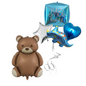 Baby boy celebration balloon set including brown teddy bear, blue dinosaur, blue heart, silver star, and “Baby Boy” foil square balloon — perfect for baby showers or newborn parties