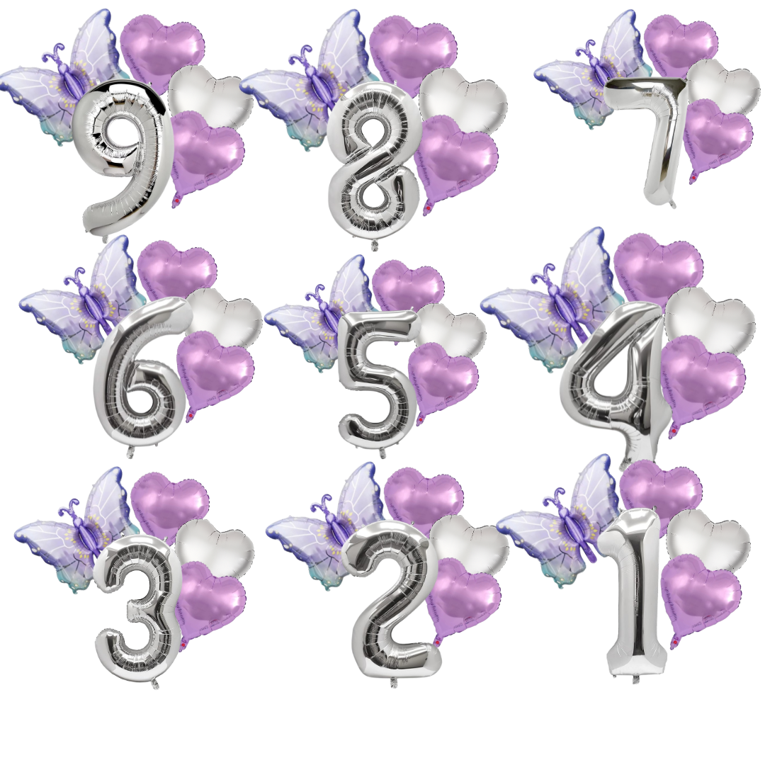Butterfly Birthday Balloon Set | Purple Silver 40" Number & Heart Foil | Girls Party UK