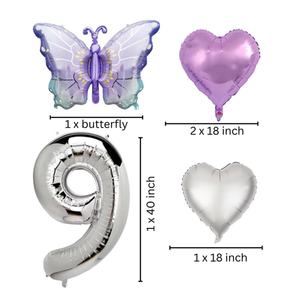 Butterfly Birthday Balloon Set | Purple Silver 40" Number & Heart Foil | Girls Party UK