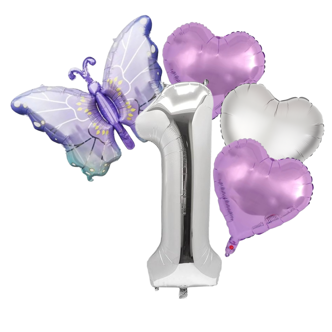 Butterfly Birthday Balloon Set | Purple Silver 40" Number & Heart Foil | Girls Party UK