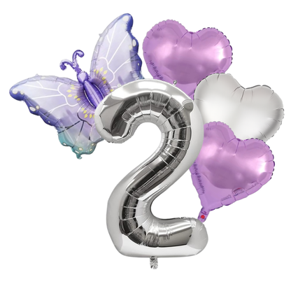 Butterfly Birthday Balloon Set | Purple Silver 40" Number & Heart Foil | Girls Party UK