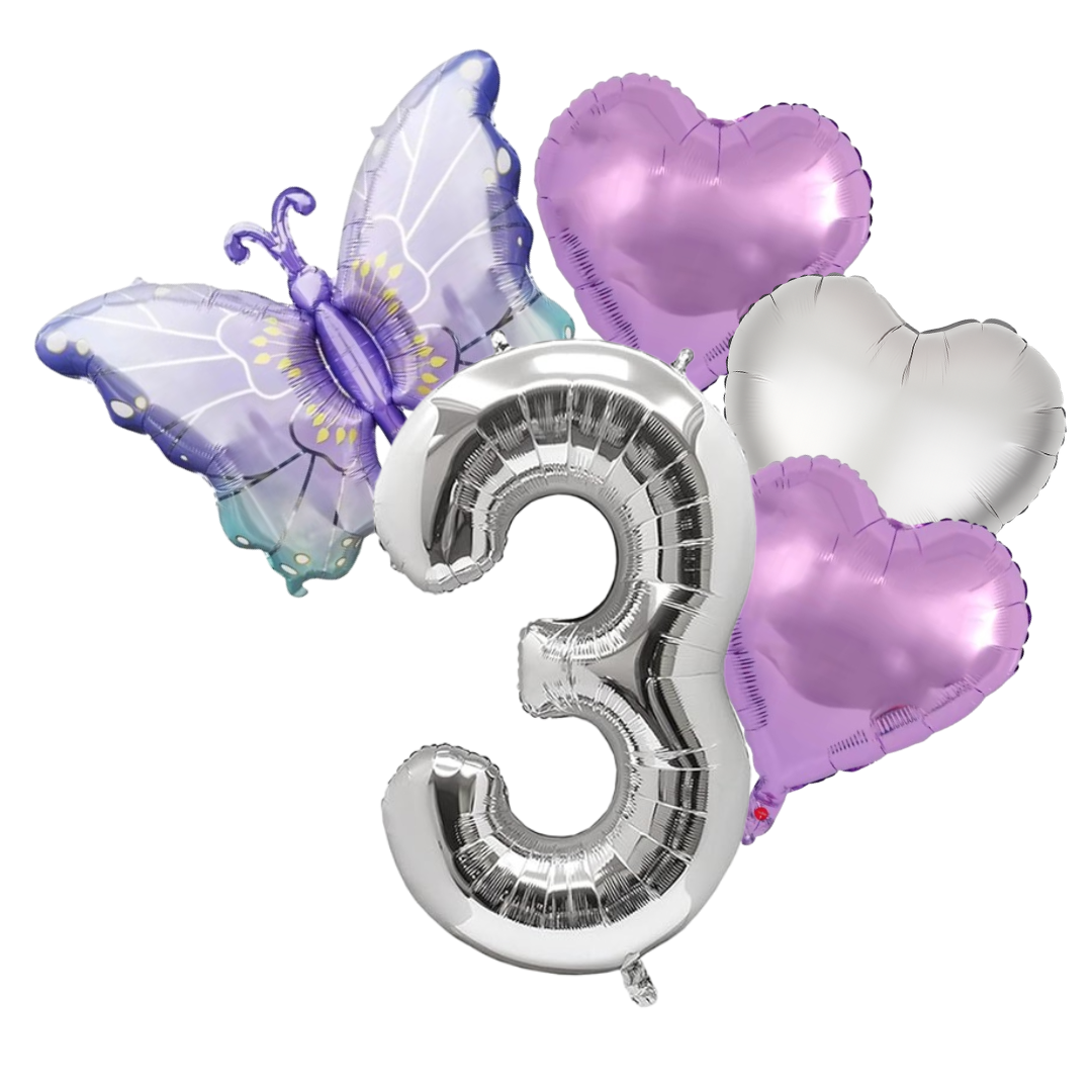 Butterfly Birthday Balloon Set | Purple Silver 40" Number & Heart Foil | Girls Party UK