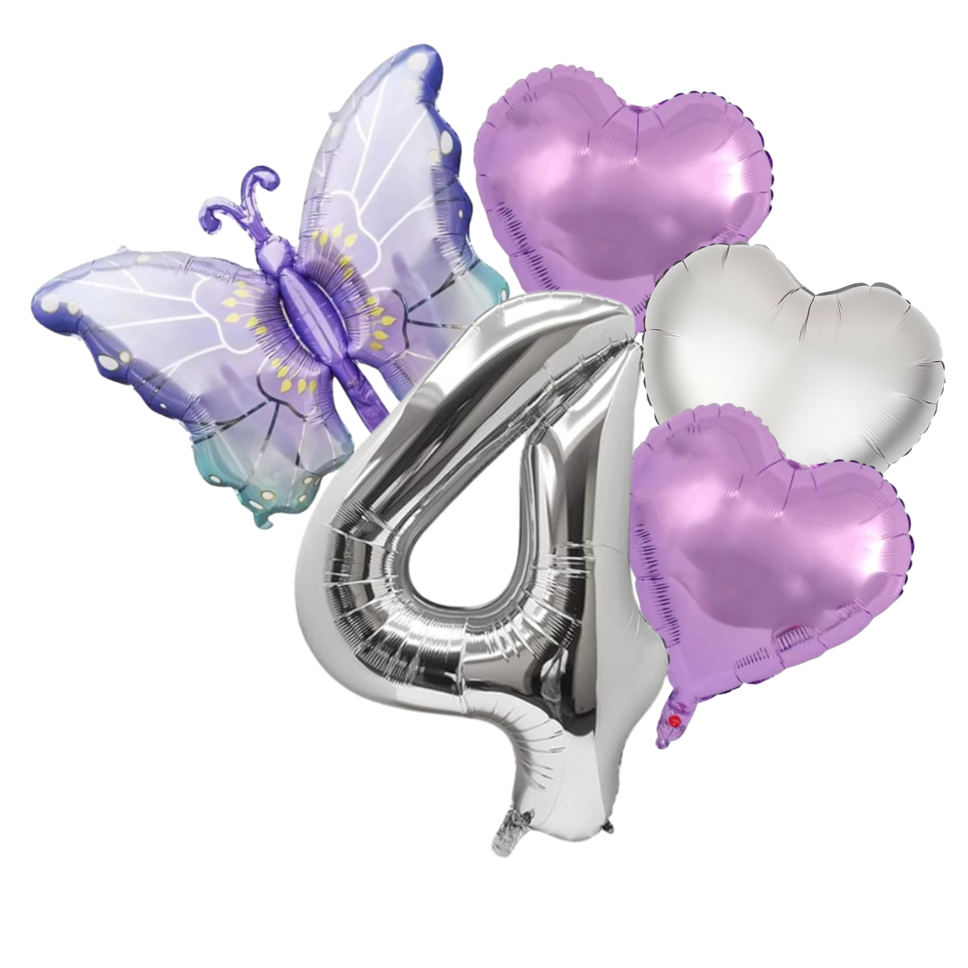 Butterfly Birthday Balloon Set | Purple Silver 40" Number & Heart Foil | Girls Party UK