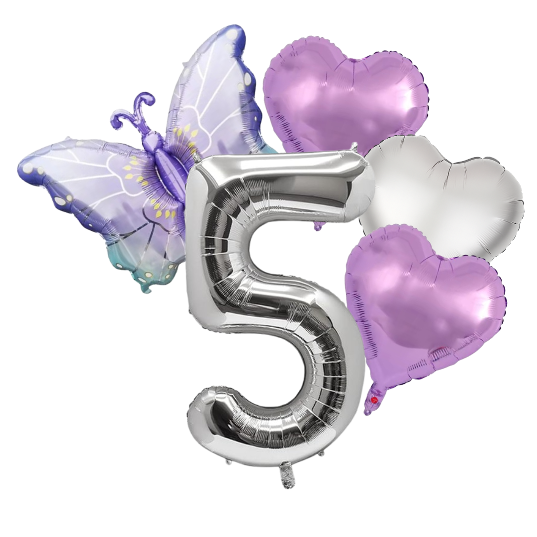 Butterfly Birthday Balloon Set | Purple Silver 40" Number & Heart Foil | Girls Party UK