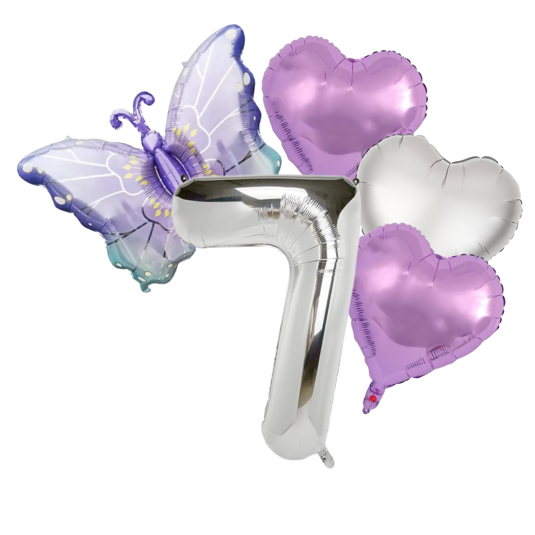 Butterfly Birthday Balloon Set | Purple Silver 40" Number & Heart Foil | Girls Party UK