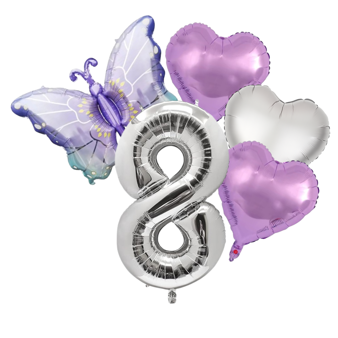Butterfly Birthday Balloon Set | Purple Silver 40" Number & Heart Foil | Girls Party UK