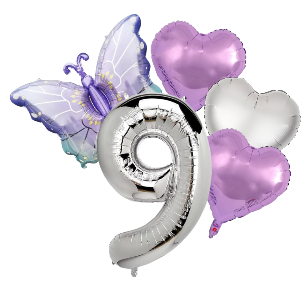 Butterfly Birthday Balloon Set | Purple Silver 40" Number & Heart Foil | Girls Party UK