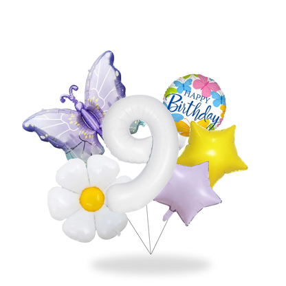 birthday balloon set with white number balloons, butterfly foil balloon, daisy flower balloon, star balloons and Happy Birthday balloon – girls party decoration UK