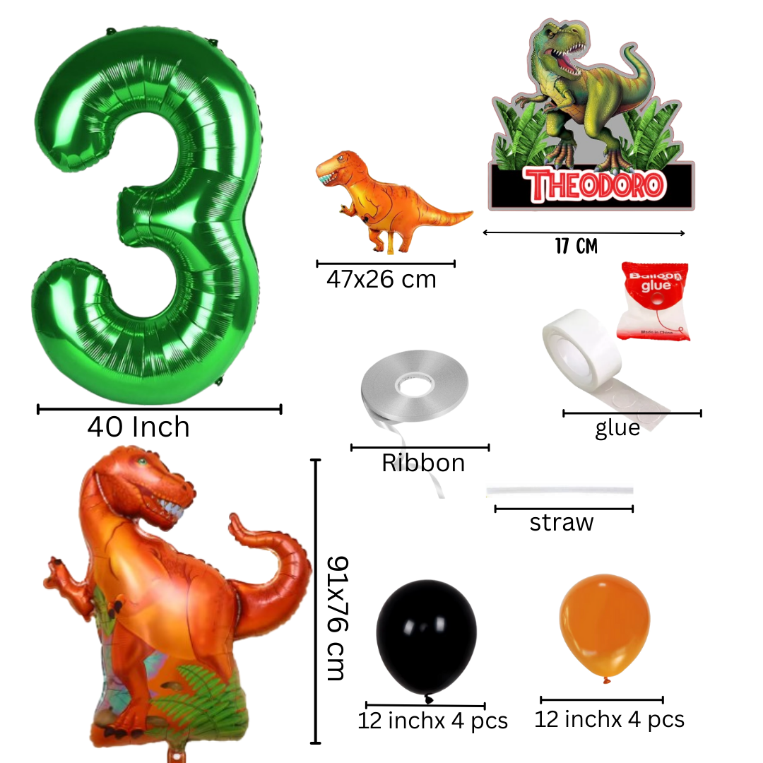 Dinosaur Birthday Decoration Set with Balloons & Cake Topper | Numbers 1-10 Party Kit