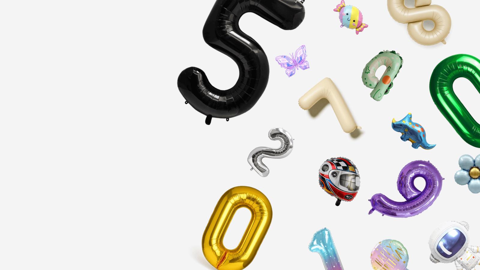 Assorted foil number balloons and character balloons including black, gold, silver and colourful designs – birthday party balloons collage UK