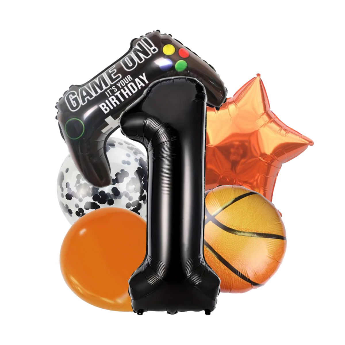 Birthday Balloon Set | 40" Black Number Foil with Basketball, Star & Controller Balloons